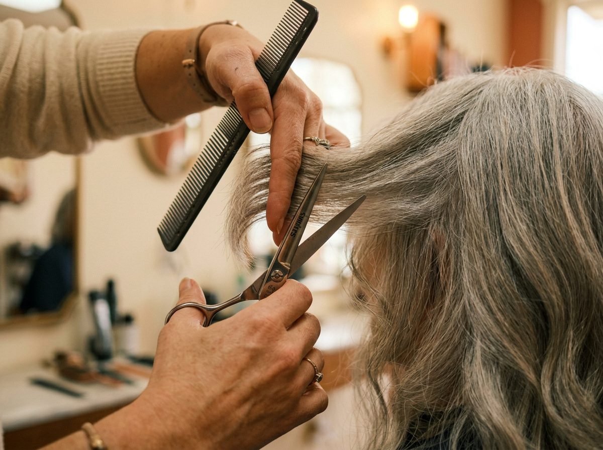 Precise scissor haircut in progress at Foxy Lady Beauty Salon